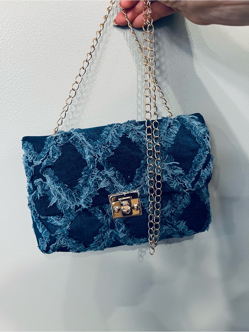 Denim Quilted Fringe Crossbody Bag // Clutch with Gold-Tone Lock